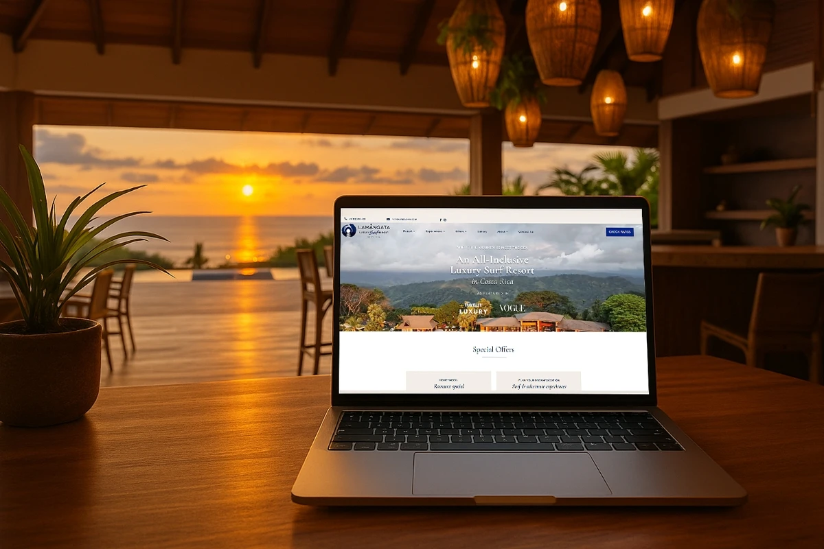 Luxury surf resort website tropical sunset laptop