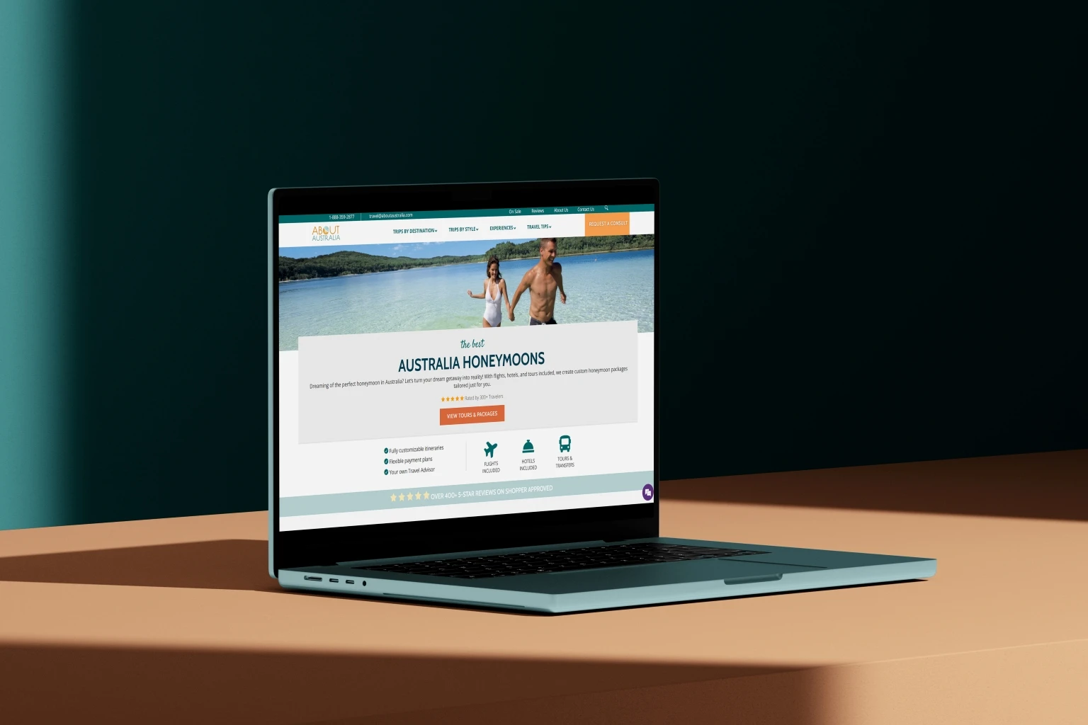 About Australia honeymoon packages laptop mockup featuring couple at beach destination with travel advisor services and customer testimonials