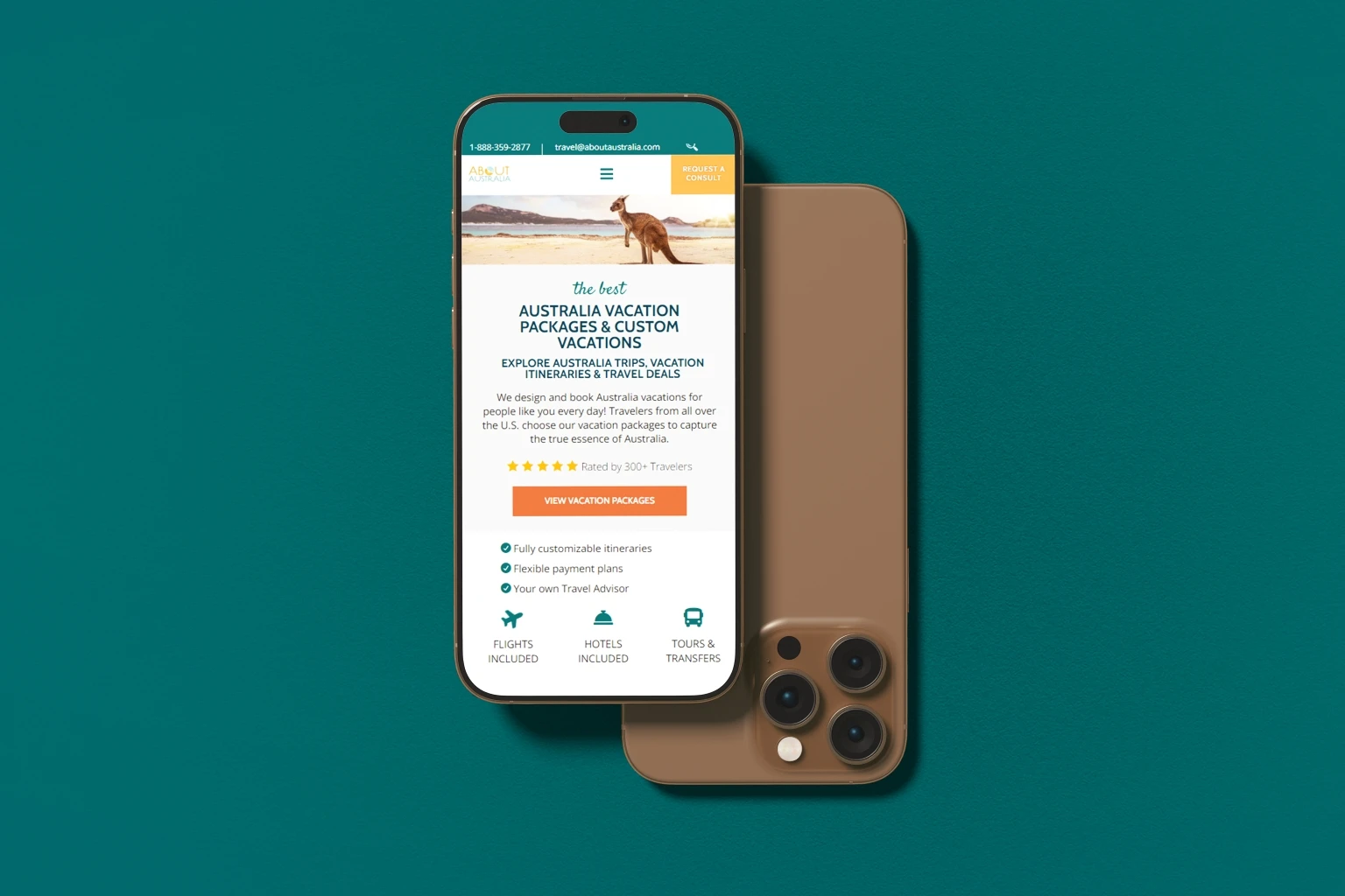 About Australia vacation packages displayed on mobile phone mockup with kangaroo beach scene and customer ratings for travelers