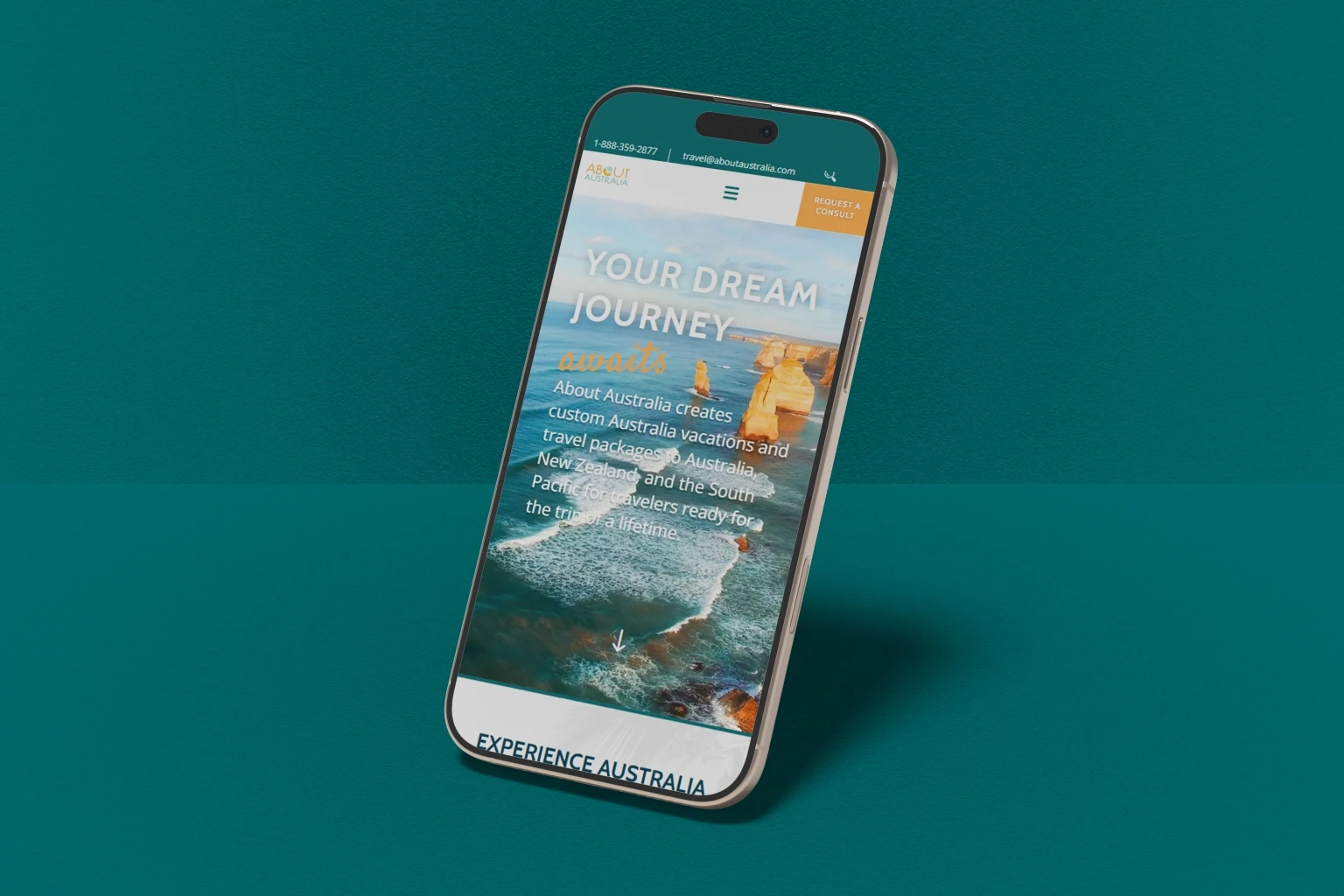 About Australia mobile website mockup showing Your Dream Journey hero section with ocean kayaking image and responsive navigation menu