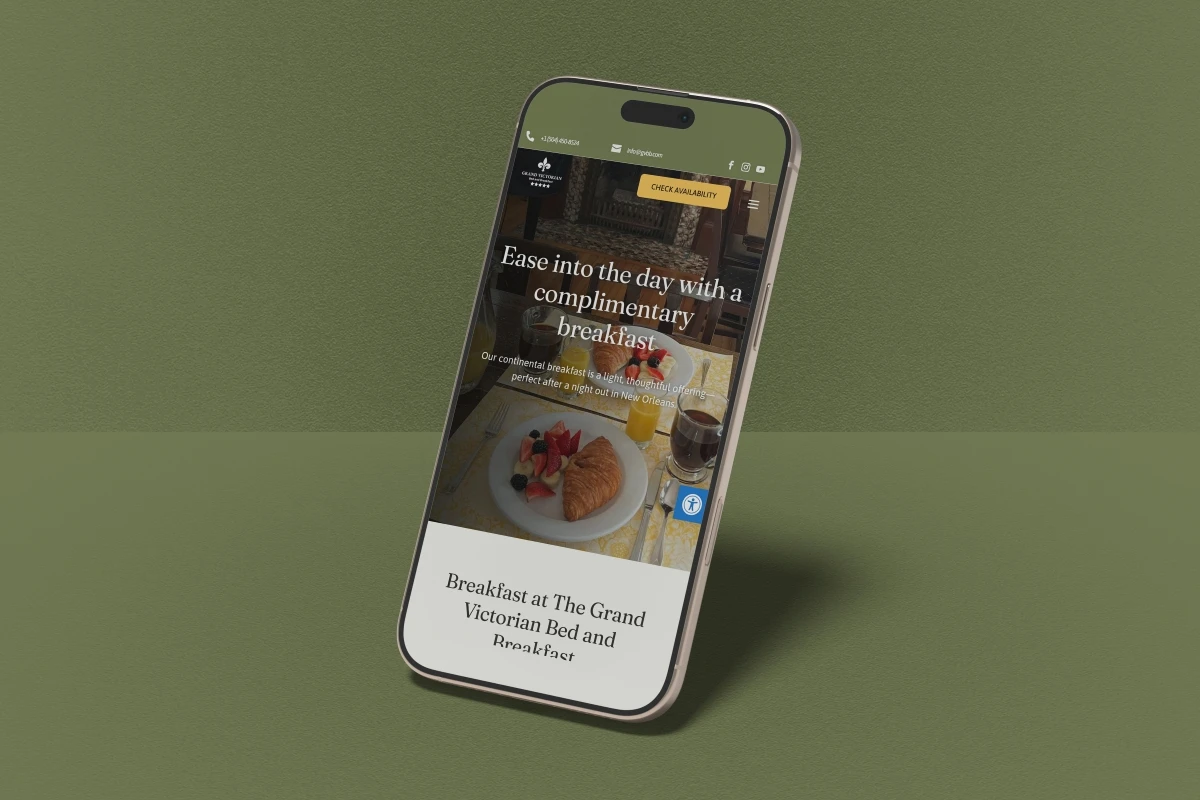 Grand Victorian Bed and Breakfast mobile site featuring complimentary breakfast service in historic New Orleans setting