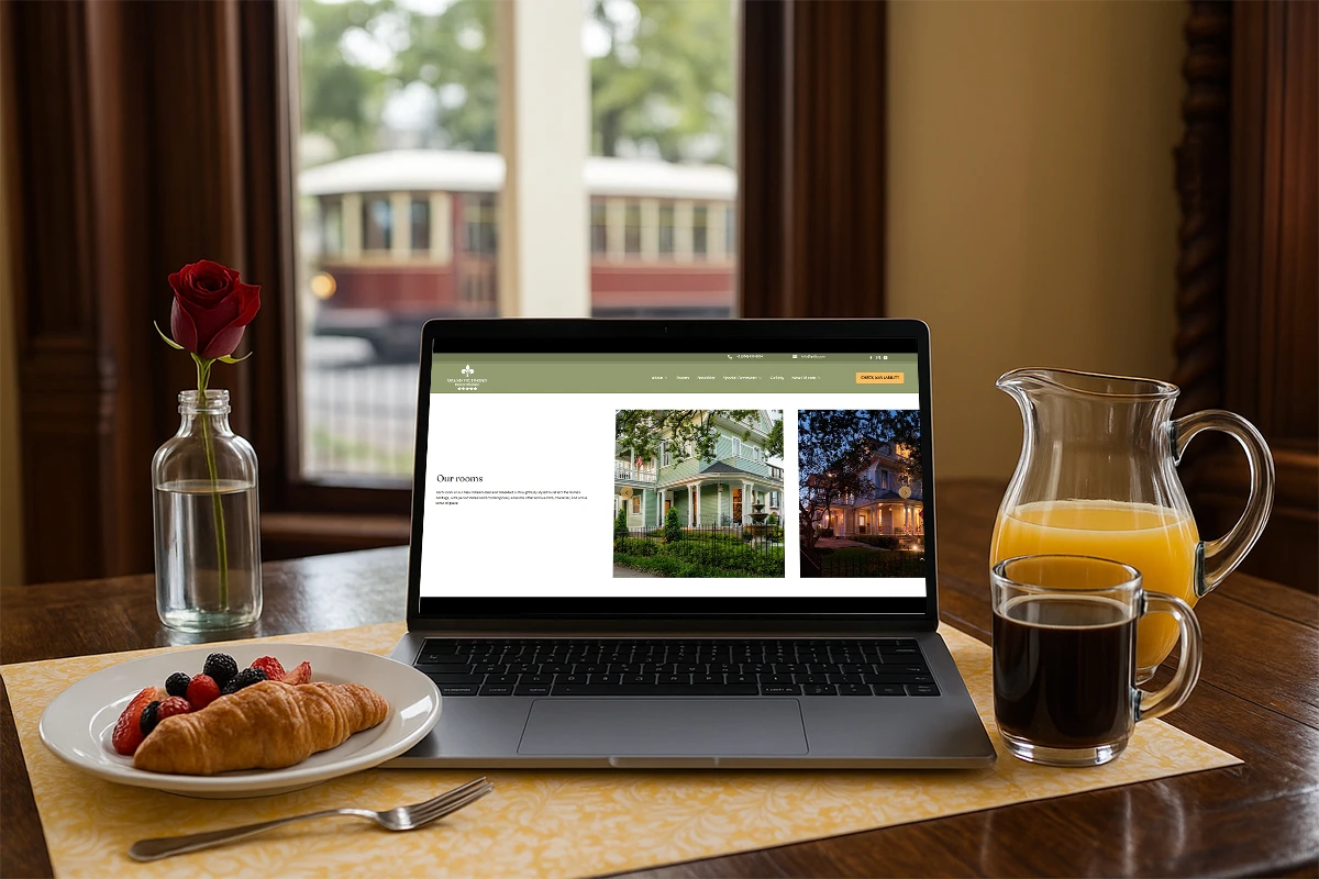 Grand Victorian Bed and Breakfast rooms page displayed on laptop with complimentary breakfast and historic New Orleans streetcar