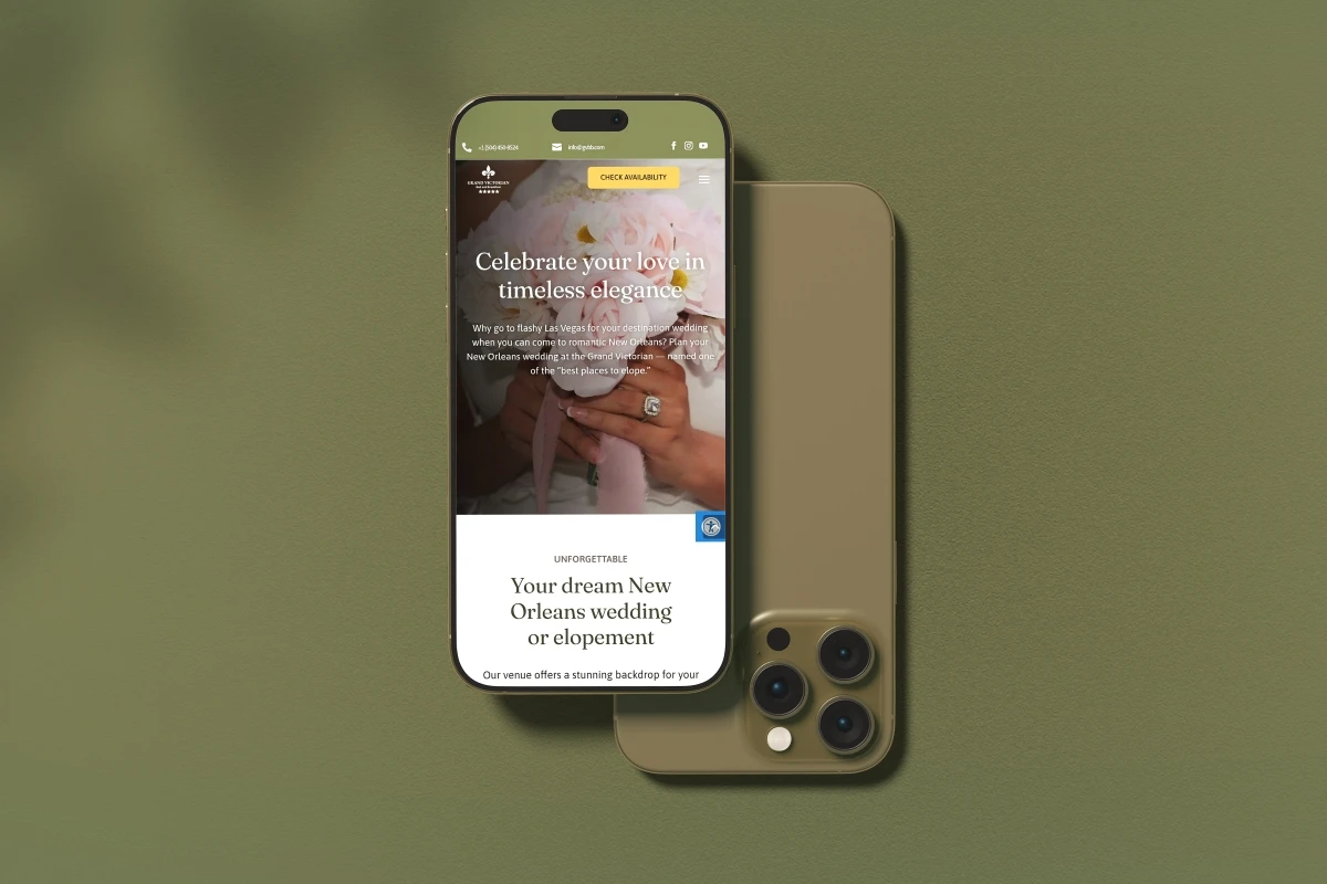 Grand Victorian Bed and Breakfast mobile website showing New Orleans elopement and wedding venue services